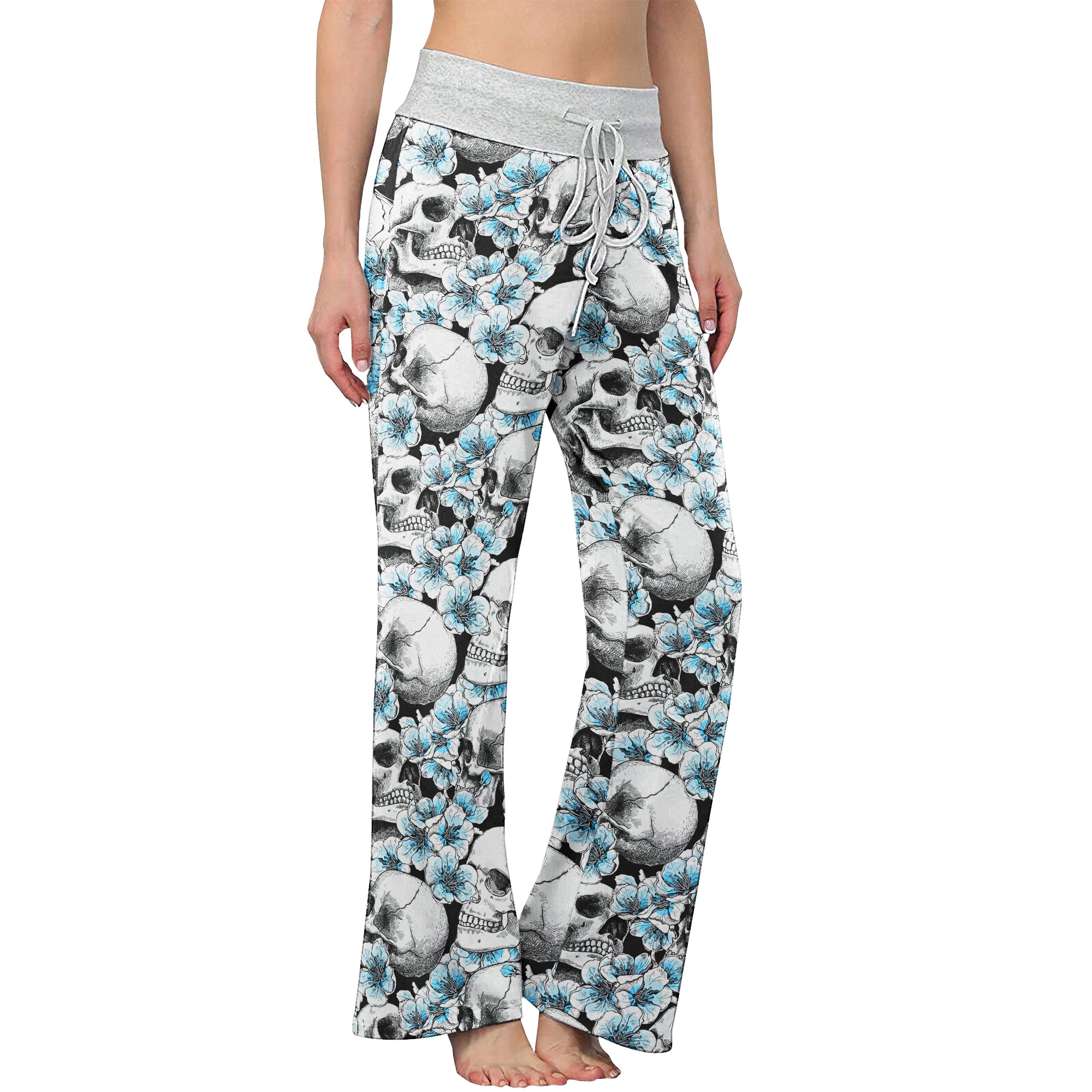 Blue Pastel Floral Skull Women's High-waisted Wide Leg Pants | Wonder Skull