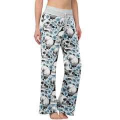Blue Pastel Floral Skull Women's High-waisted Wide Leg Pants | Wonder Skull