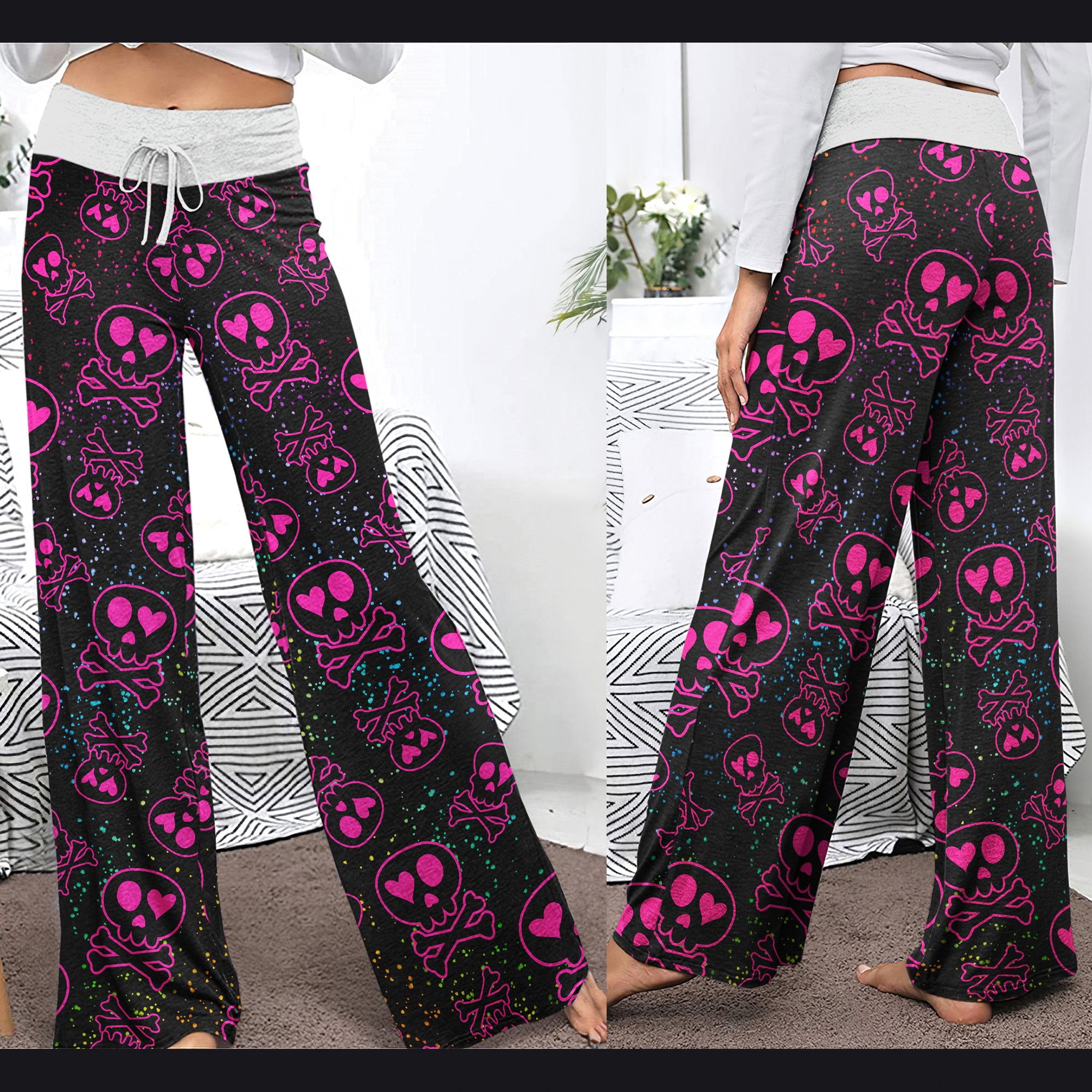 Pink Skull Love Pattern Women's High-waisted Wide Leg Pants | Wonder Skull