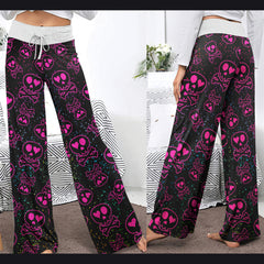 Pink Skull Love Pattern Women's High-waisted Wide Leg Pants | Wonder Skull