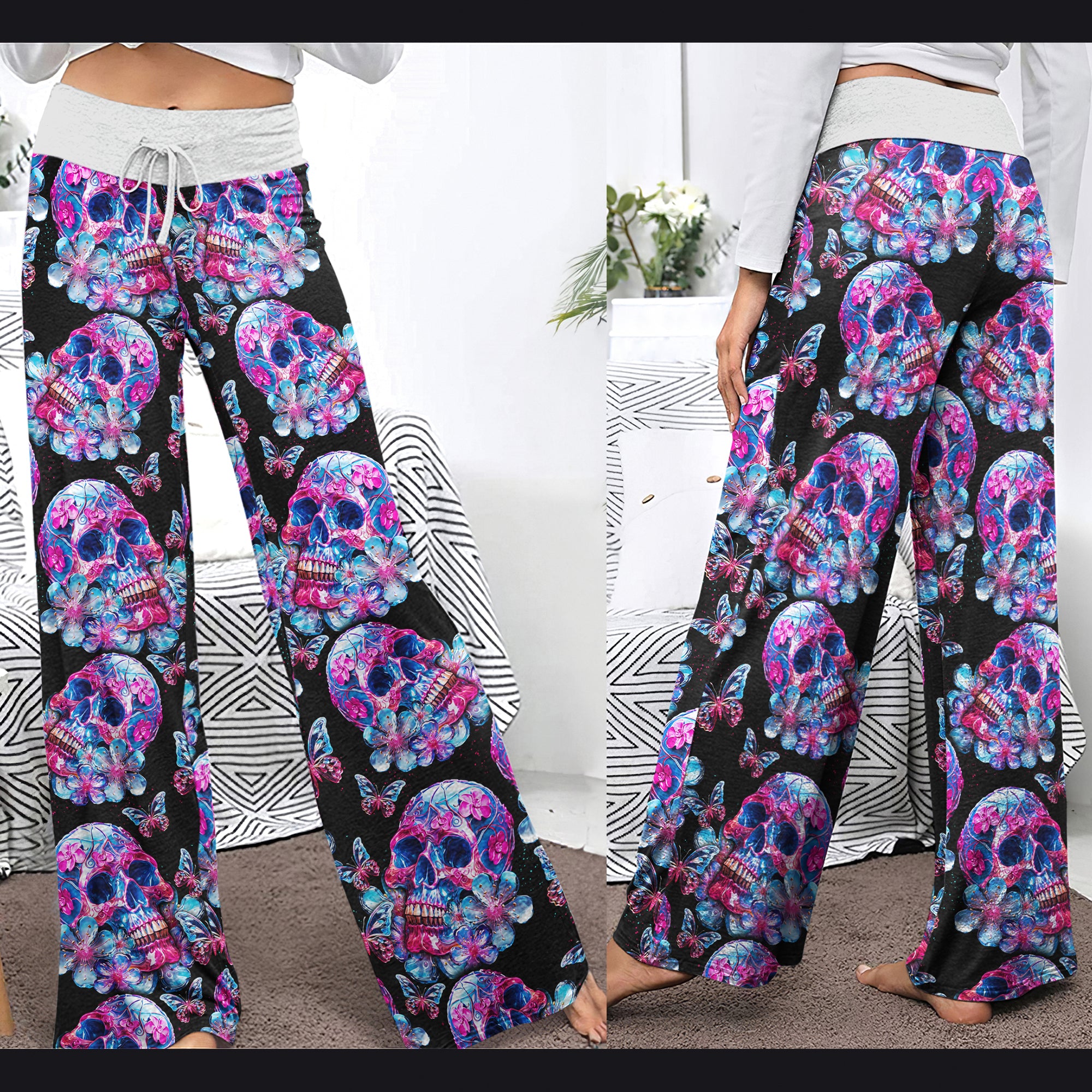 Skull Crystal Butterfly Women's High-waisted Wide Leg Pants | Wonder Skull