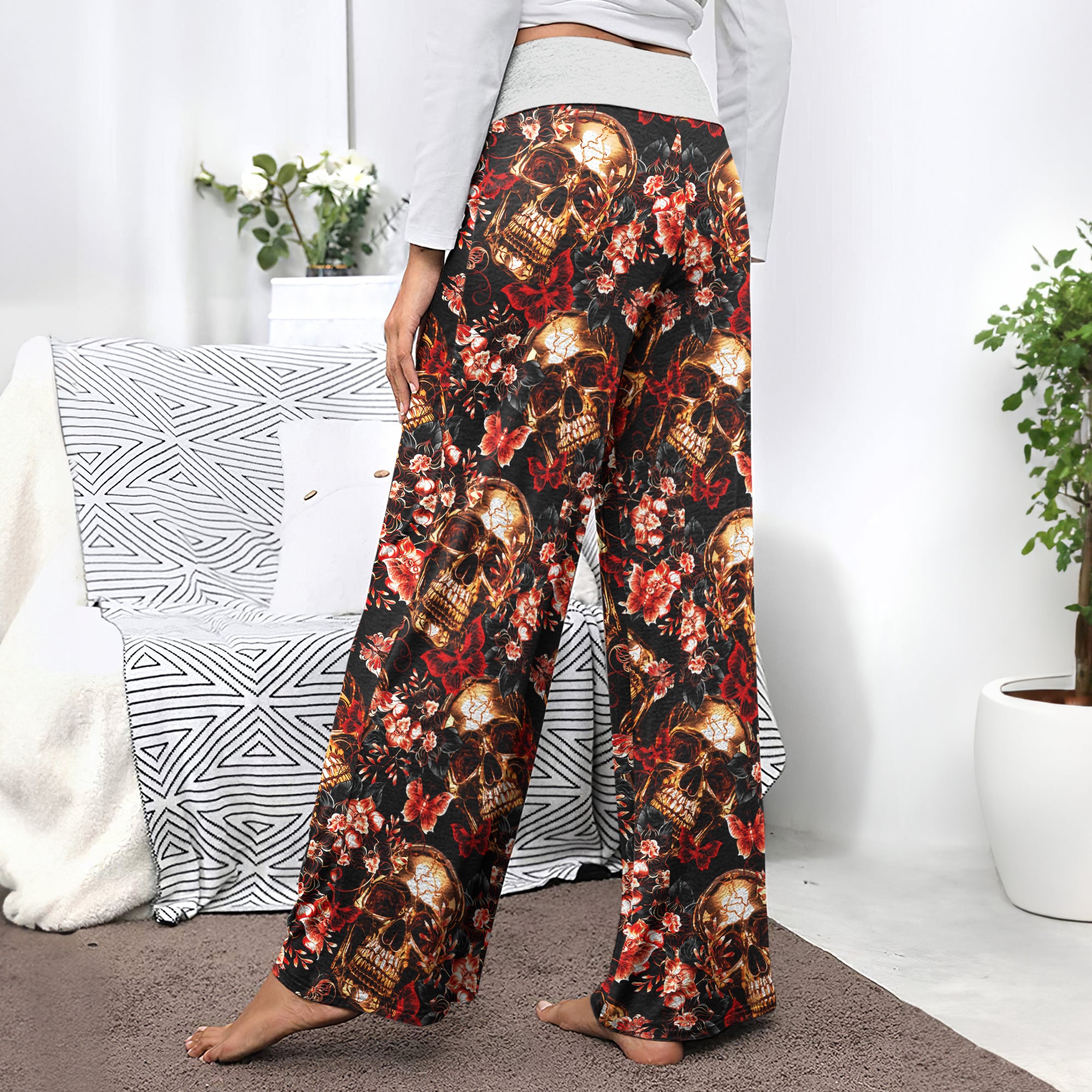 Skull Gold Abstract Art Women's High-waisted Wide Leg Pants | Wonder Skull