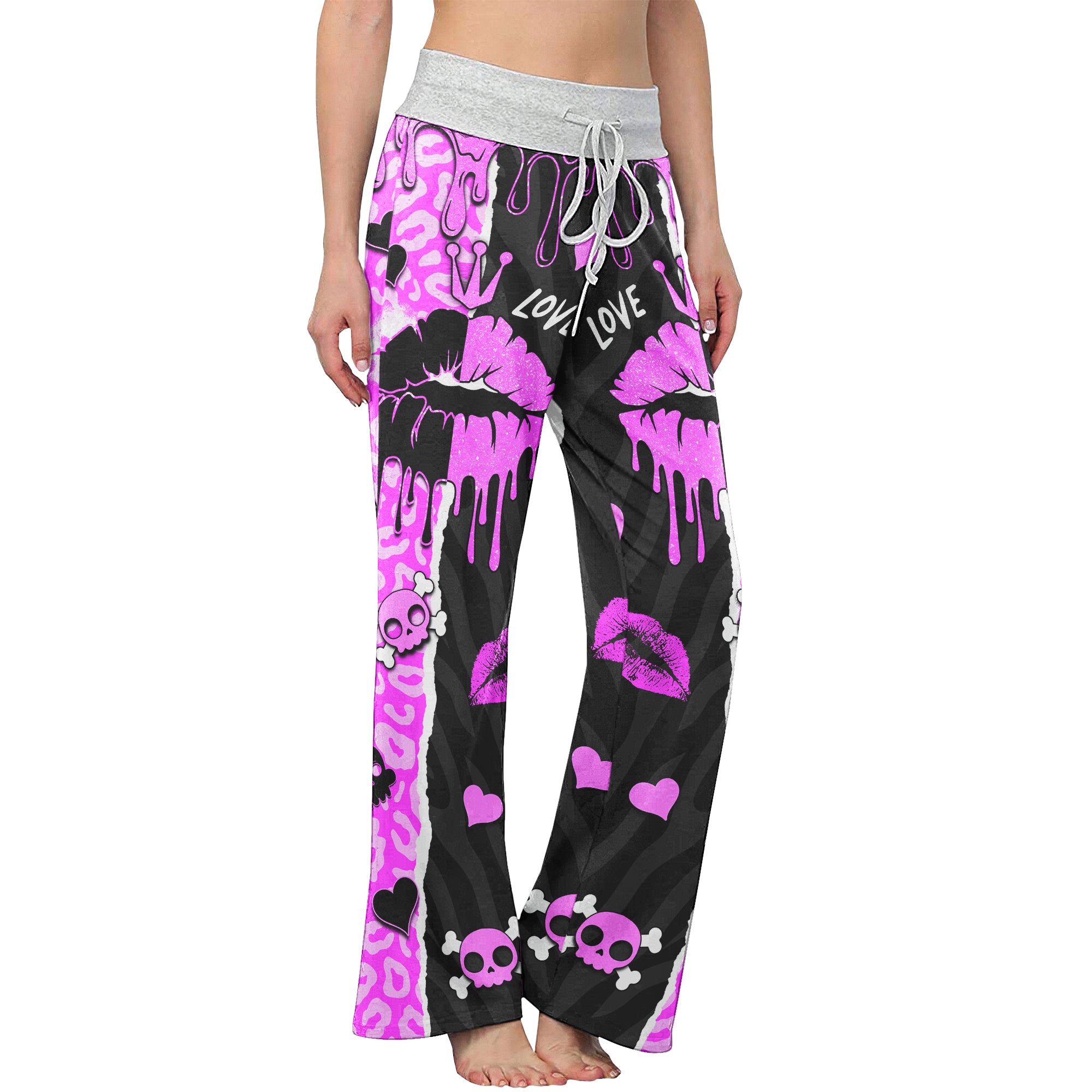 Black Pink Love Lip Melting Women's High-waisted Wide Leg Pants | Wonder Skull