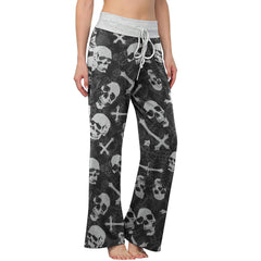 Black Skull Cross Gothic Women's High-waisted Wide Leg Pants | Wonder Skull