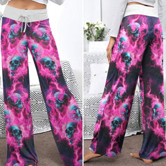 Pink Skull Flaming Women's High-waisted Wide Leg Pants