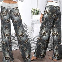 Tan Buterfly Skull Art Women's High-waisted Wide Leg Pants