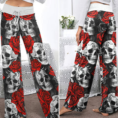 Red Rose Skull Pattern Women's High-waisted Wide Leg Pants
