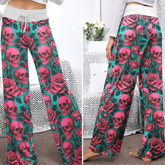 Pink Skull Garden Women's High-waisted Wide Leg Pants
