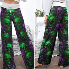 Violet Green Skull Pattern Women's High-waisted Wide Leg Pants