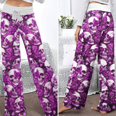 Purple Skull Rose Pattern Women's High-waisted Wide Leg Pants