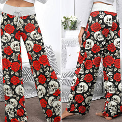 Noir Skull Flower Tapestry Women's High-waisted Wide Leg Pants
