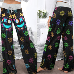 Neon Skull Leaf Art Women's High-waisted Wide Leg Pants