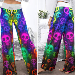 Neon Sugar Skulls Pattern Women's High-waisted Wide Leg Pants