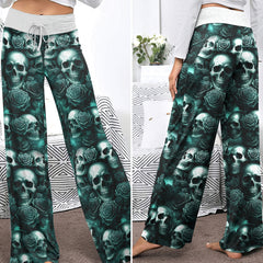 Dark Skull Rose Pattern Women's High-waisted Wide Leg Pants
