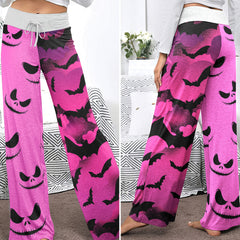 Pink Bat Skull Pattern Women's High-waisted Wide Leg Pants