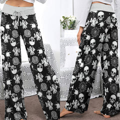 Halloween Skull Pattern Women's High-waisted Wide Leg Pants