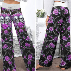 Purple Couple Skull Rose Women's High-waisted Wide Leg Pants