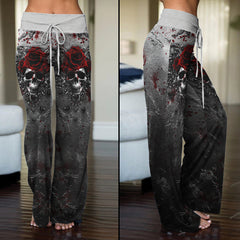 Black Skull Rose Gothic Women's High-waisted Wide Leg Pants | Wonder Skull