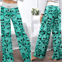 Cyan Whimsical Skull Paisley Women's High-waisted Wide Leg Pants