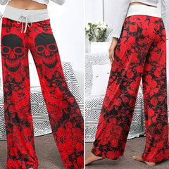 Red Neon Skull Rose Women's High-waisted Wide Leg Pants