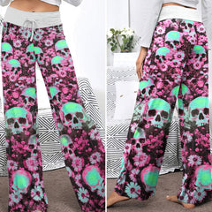 Neon Skull Flower Pattern Women's High-waisted Wide Leg Pants