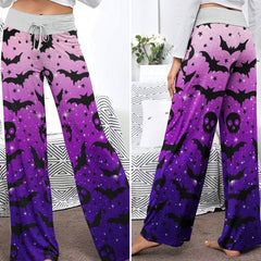 Galaxy Skull Bat Pattern Women's High-waisted Wide Leg Pants