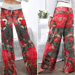 Masked Skeleton Red Bloom Women's High-waisted Wide Leg Pants