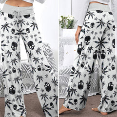 Black Skull Leaf Pattern Women's High-waisted Wide Leg Pants