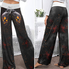 Flaming Skull Art Women's High-waisted Wide Leg Pants