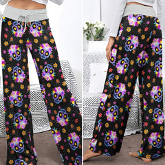 Colorful Skull Flower Pattern Women's High-waisted Wide Leg Pants