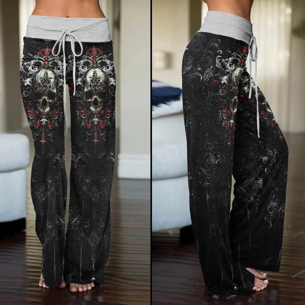 Grey Skull Gothic Art Women's High-waisted Wide Leg Pants | Wonder Skull