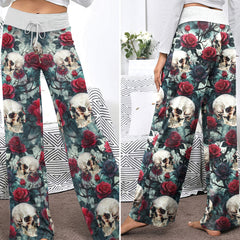 Rose Skull Pattern Thorns Women's High-waisted Wide Leg Pants