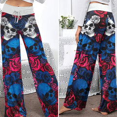 Rebel Rose Skull Pattern Women's High-waisted Wide Leg Pants