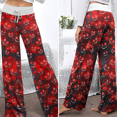 Red Face Skull Pattern Women's High-waisted Wide Leg Pants