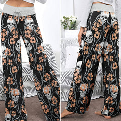 Pastel Skull Flower Pattern Women's High-waisted Wide Leg Pants