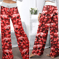 Red Skull Orchid Pattern Women's High-waisted Wide Leg Pants