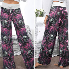 Skull Rose Abstract Pattern Women's High-waisted Wide Leg Pants
