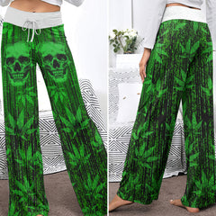 Green Skull Leaf Art Women's High-waisted Wide Leg Pants