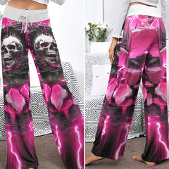 Pink Neon Skull Abstract Women's High-waisted Wide Leg Pants