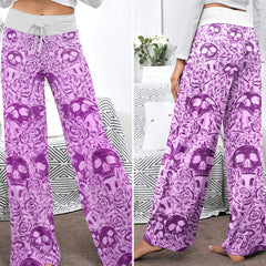 Purple Skull Pattern Gothic Women's High-waisted Wide Leg Pants