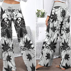 Black Couple Leaf Skeleton Women's High-waisted Wide Leg Pants