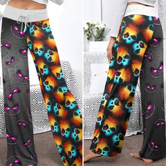 Neon Psychedelic Grin Pattern Women's High-waisted Wide Leg Pants