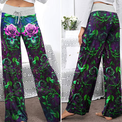 Skull Rose Thorn Art Women's High-waisted Wide Leg Pants