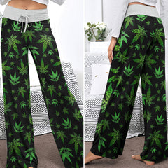 Green Skull Leaf Pattern Women's High-waisted Wide Leg Pants