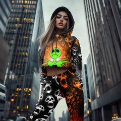 Women Hoodie and Leggings, Orange Haunted Skeleton Outwear Pants Outfit