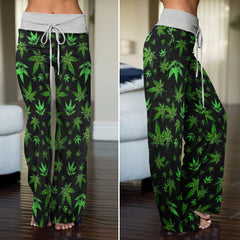 Green Skull Leaf Pattern Women's High-waisted Wide Leg Pants