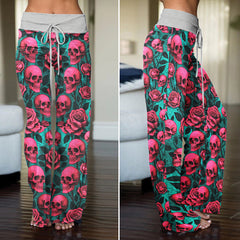 Pink Skull Garden Women's High-waisted Wide Leg Pants