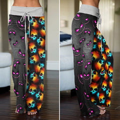 Neon Psychedelic Grin Pattern Women's High-waisted Wide Leg Pants