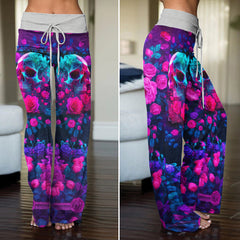 Neon Galaxy Skull Rose Women's High-waisted Wide Leg Pants