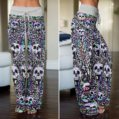 Holographic Skull Rose Women's High-waisted Wide Leg Pants